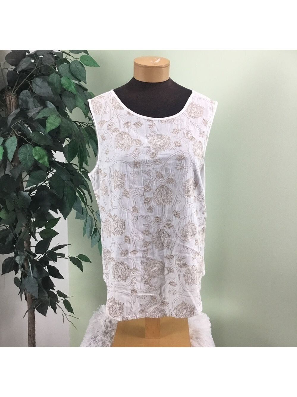 Joan Vass XL off white tank with gold embroidery